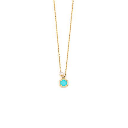 Cross Pearl Necklace - 14K Yellow Gold and Turquoise Enamel