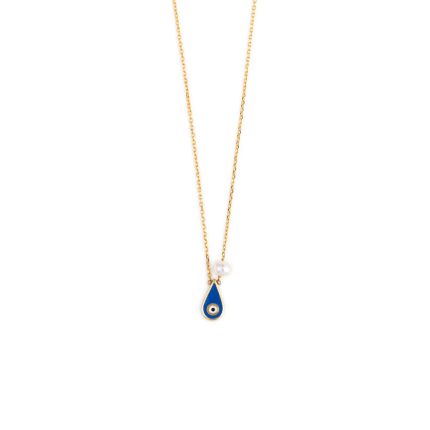 Evil Eye Tear Drop Necklace with Pearl – 14K Yellow Gold with Blue Enamel