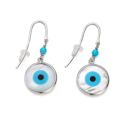 Sterling Silver Hook Earrings with Mother of Pearl Evil Eye