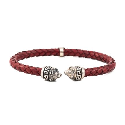 Sterling Silver Leather Lion Bracelet with Greek key