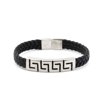Greek Key Large Leather Bracelet - 925 Sterling Silver
