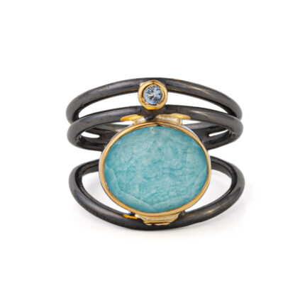 Amazonite and Zircon Oxidized Ring  - 925 Sterling Silver and Gold Plated