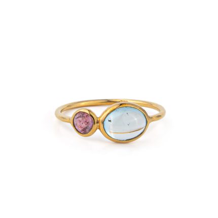 Blue Topaz and Tourmaline Ring - 925 Sterling Silver and Gold Plated