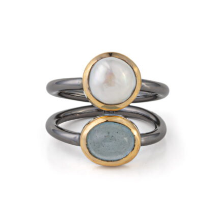 925 Sterling Silver and Gold Plated Ring with Aqua Marine and Pearl