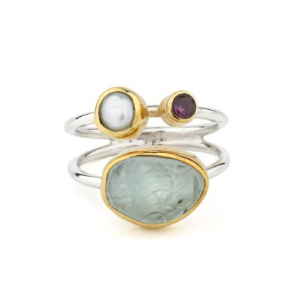 Aquamarine, Pearl & Tourmaline Ring in 925 Silver with Gold Plating