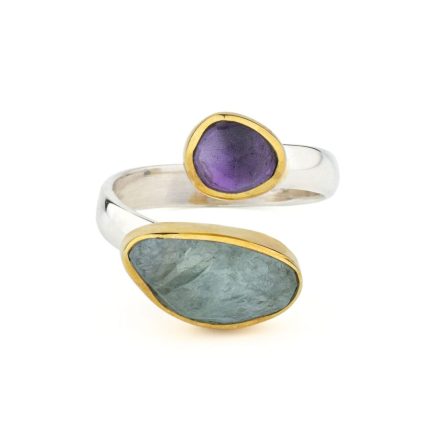 Aquamarine & Amethyst Ring in 925 Sterling Silver with Gold Plating