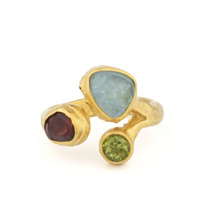 Multi-Stone Ring in 925 Silver & Gold Plating with Aquamarine, Peridot & Garnet