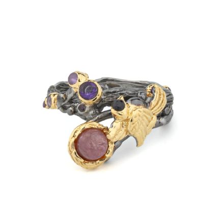 Tourmaline & Amethyst Ring in Gold-Plated and Oxidized 925 Sterling Silver