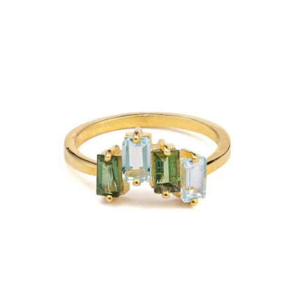 Blue Topaz Tourmaline Ring - 925 Sterling Silver and Gold Plated