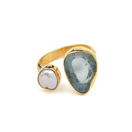 Aqua Marine and Pearl Open Ring