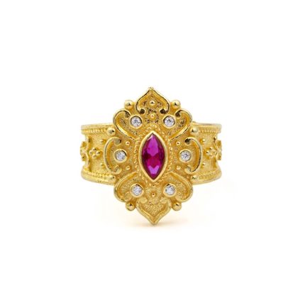 Byzantine Flower Ring with Zircon - Sterling Silver and 18K Gold Plating