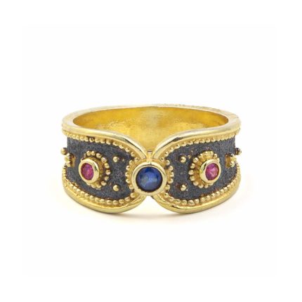 Two Tone Byzantine Ring with Zircon - Sterling Silver and 18K Gold Plating