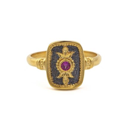 Byzantine Square Ring with Red Zircon - Sterling Silver and 18K Gold Plating