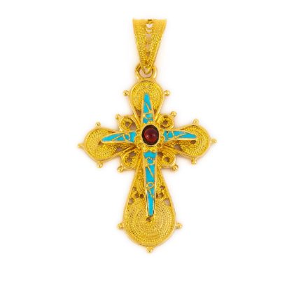 18K Gold Filigree Cross with turquoise and red enamel
