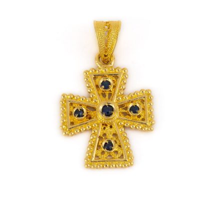 18K Gold Filigree Cross with Sapphire