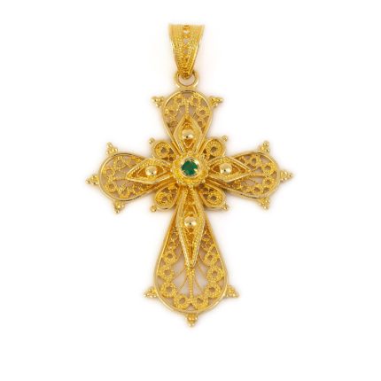 18K Gold Filigree Emerald Cross