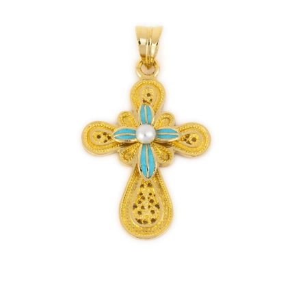 18K Gold Filigree Cross with Pearl