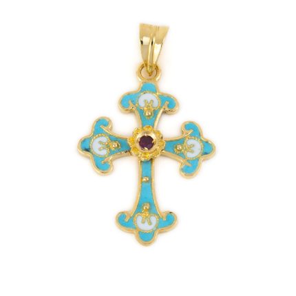 18K Gold and Enamel Byzantine Ruby Cross