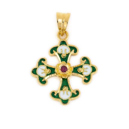18K Gold Enamel Byzantine Ruby Cross