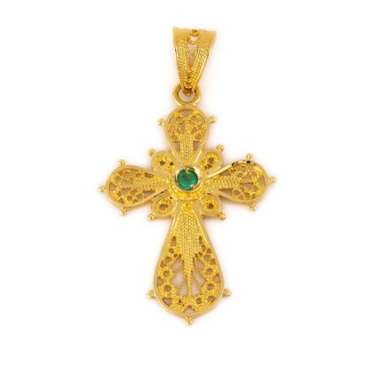 18K Gold Filigree Cross with Emerald