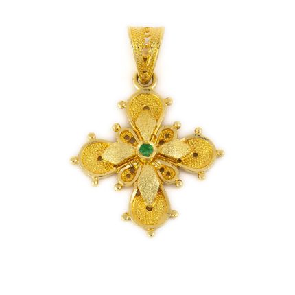 18K Gold Byzantine Filigree Emerald Cross