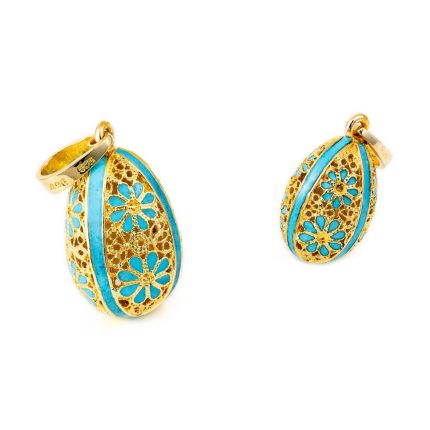 Filigree Egg Pendant with Flowers - 14k Gold and Turquoise Enamel