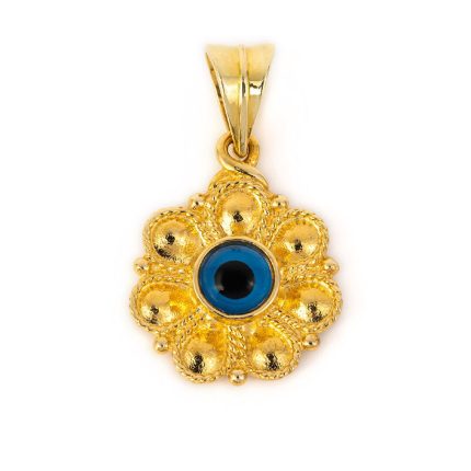 Mycenaean Rosette Flower Pendant with Evil Eye symbol in 14K Gold