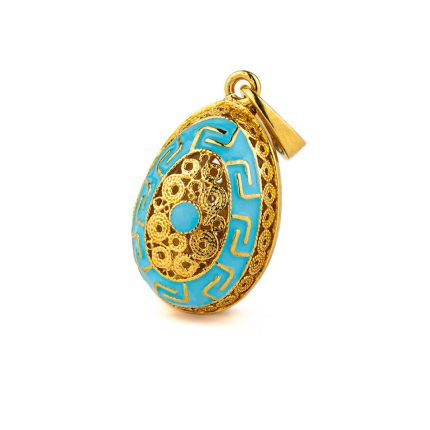 Meander Filigree Egg Pendant Necklace with Turquoise Enamel - Sterling Silver Gold Plated