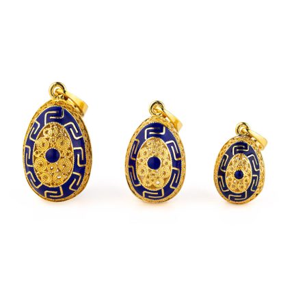 Meander Filigree Egg Pendant Necklace with Blue Enamel - Sterling Silver Gold Plated