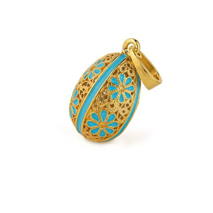 Filigree Egg Turquoise Pendant Necklace with Flowers - Sterling Silver Gold Plated