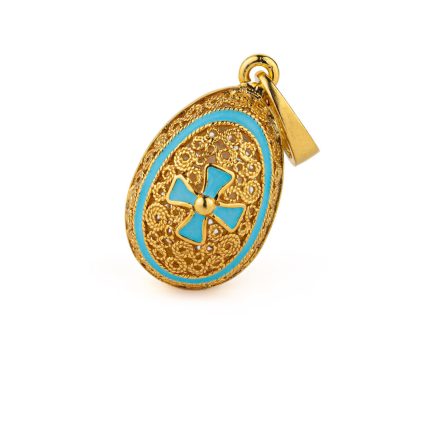 Egg Pendant Necklace with Cross - Sterling Silver Gold Plated with Turquoise Enamel