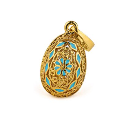 Rosette Filigree Egg Pendant Necklace – Sterling Silver Gold Plated Enamel