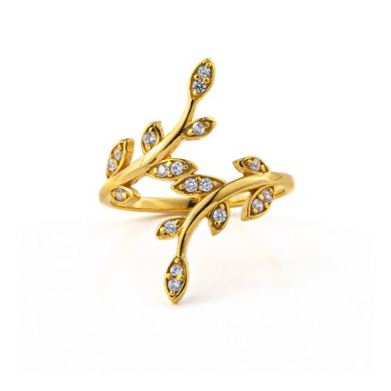 Olive Leaf Ring with White Zircon - 14K Solid Yellow Gold
