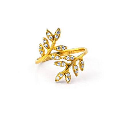 Leaf Adjustable Ring with Zircon - 14K Solid Yellow Gold