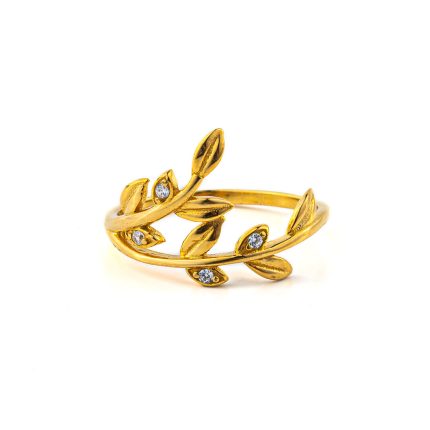 Leaf Zircon Ring - 14K Solid Yellow Gold