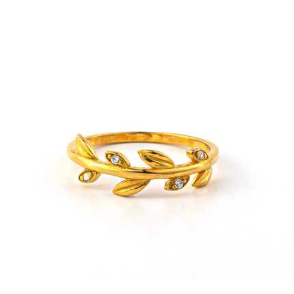 Leaf Zircon Ring - 14K Solid Yellow Gold