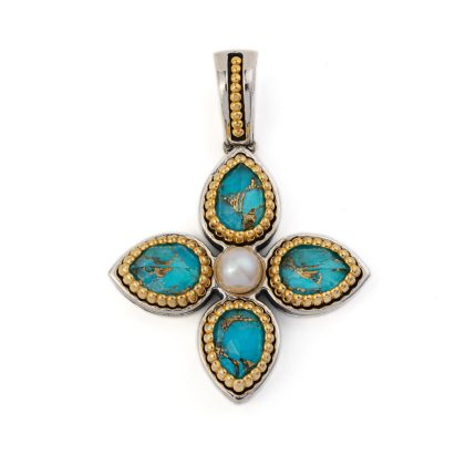 Byzantine Cross Pendant with Doublet Turquoise Copper and Pearl