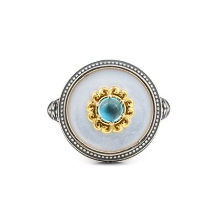 Sterling Silver Gold Plated Round Byzantine Ring with Stones