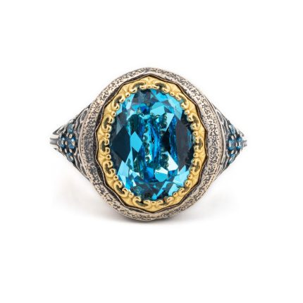 Sterling Silver Gold Plated Byzantine Ring with Swarovski
