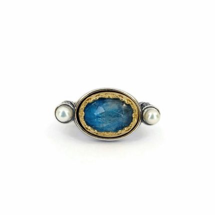 Byzantine Ring with Apatite Doublet Gemstone and Natural Pearl