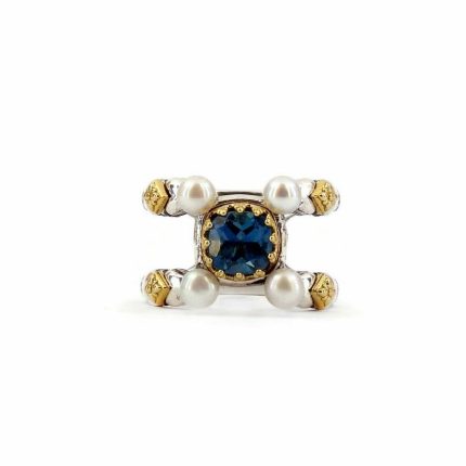 Byzantine Ring with Natural London Blue Topaz Gemstone and Pearl