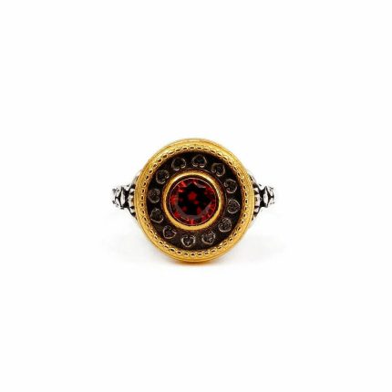 Byzantine Ring with Garnet Zircon Stone - 925 Sterling Silver Gold Plated