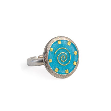 Spiral Round Ring with Enamel and Golden Pieces - 925 Sterling Silver