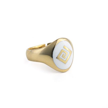 Greek Key Ring with White Enamel - 925 Sterling Silver Gold Plated