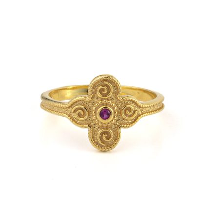 Byzantine Flower Ring with Stone - Gold Plated 925 Sterling Silver