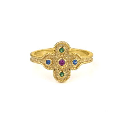 Byzantine Flower Ring with Stones - 925 Sterling Silver and Gold Plated