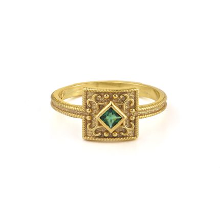 Byzantine Square Ring with Stone - 925 Sterling Silver and Gold Plated
