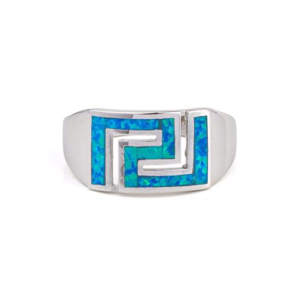 Meander Greek Key Blue Opal Ring – 925 Sterling Silver