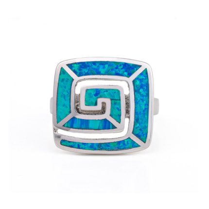 Greek Key Meander Blue Opal Ring – 925 Sterling Silver