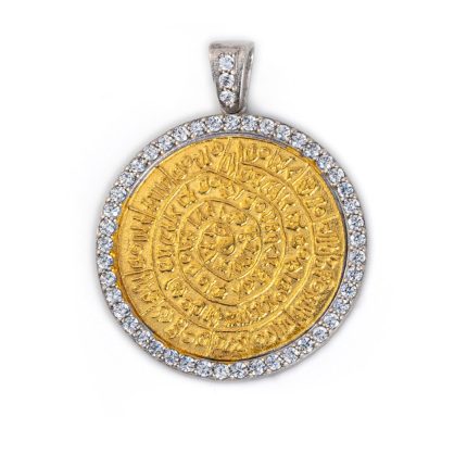 Phaistos Disk Pendant with Zircon - 925 Sterling Silver Gold Plated